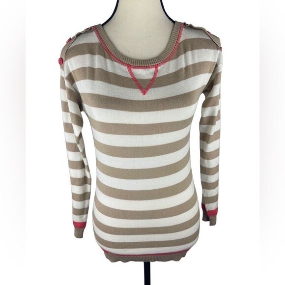 T/O Sweater  cream Brown Striped Crewneck Pullover w pink detail  Size: XS - Picture 1 of 6